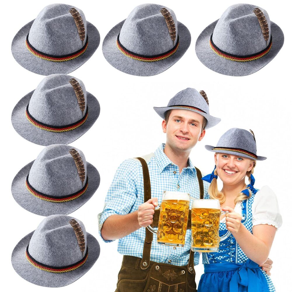 7675 6 Pcs Oktoberfest Hat Bavarian Felt with Feather One Size Gray German